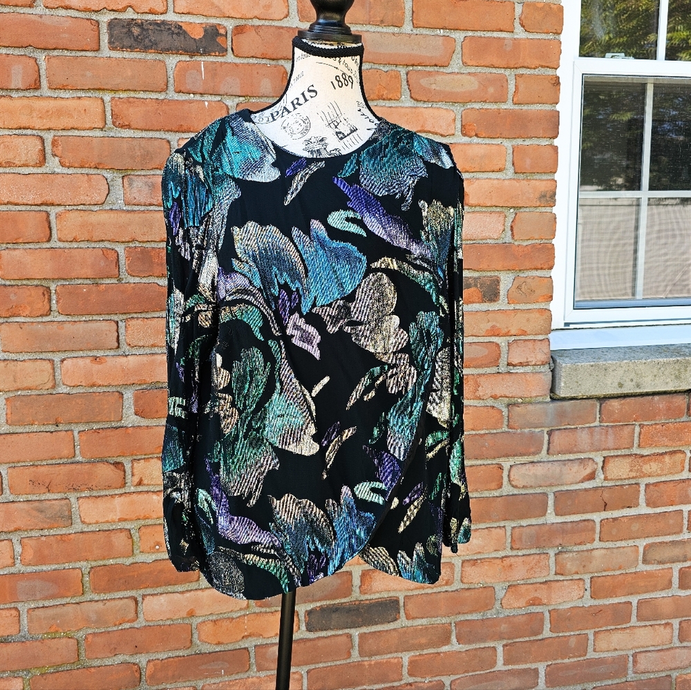 Vintage David Rose Metallic Floral Statement Blouse – Size 14W
